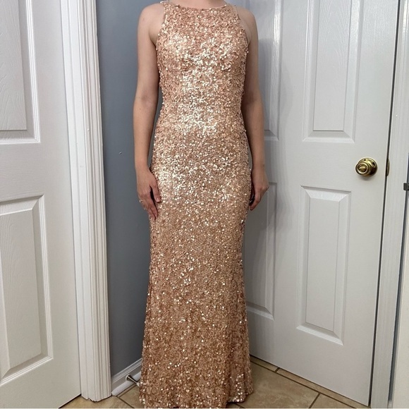 Promgirl Dress Long Sequin Formal Gold Strappy Back Prom Size 2 Extra Small - Picture 1 of 6